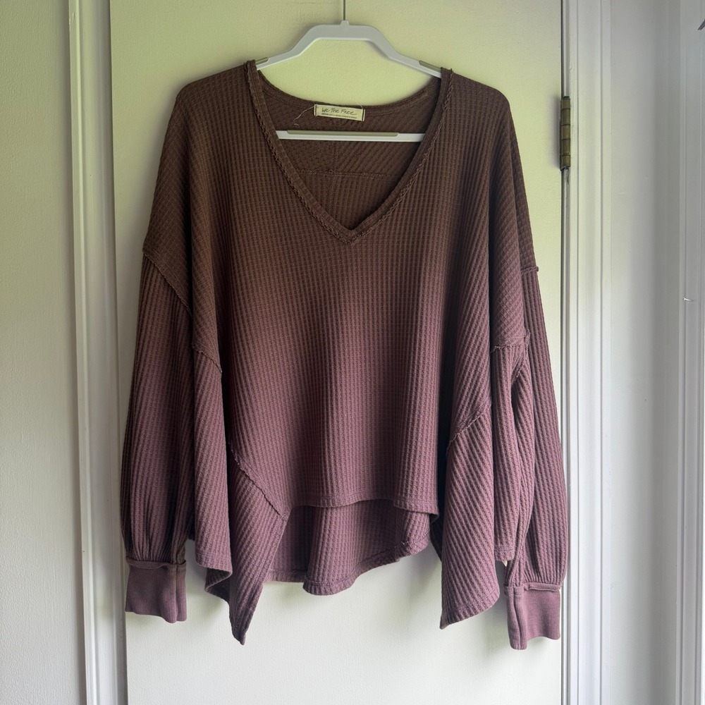 We The Free Free People Plum Waffle Knit Thermal V-Neck Oversized Top Medium